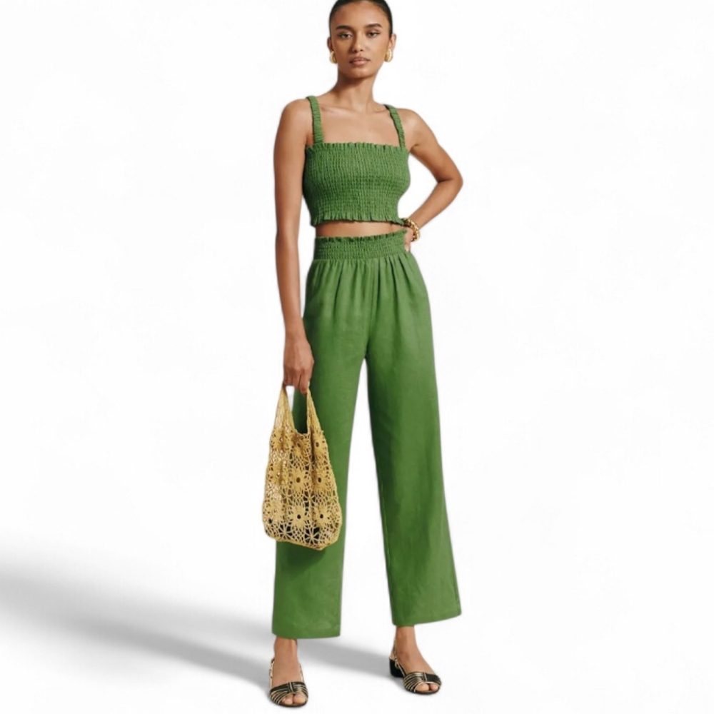 REFORMATION  Vera Linen 2 piece SET Palm Green Ruched Cropped Natural Fabric 4